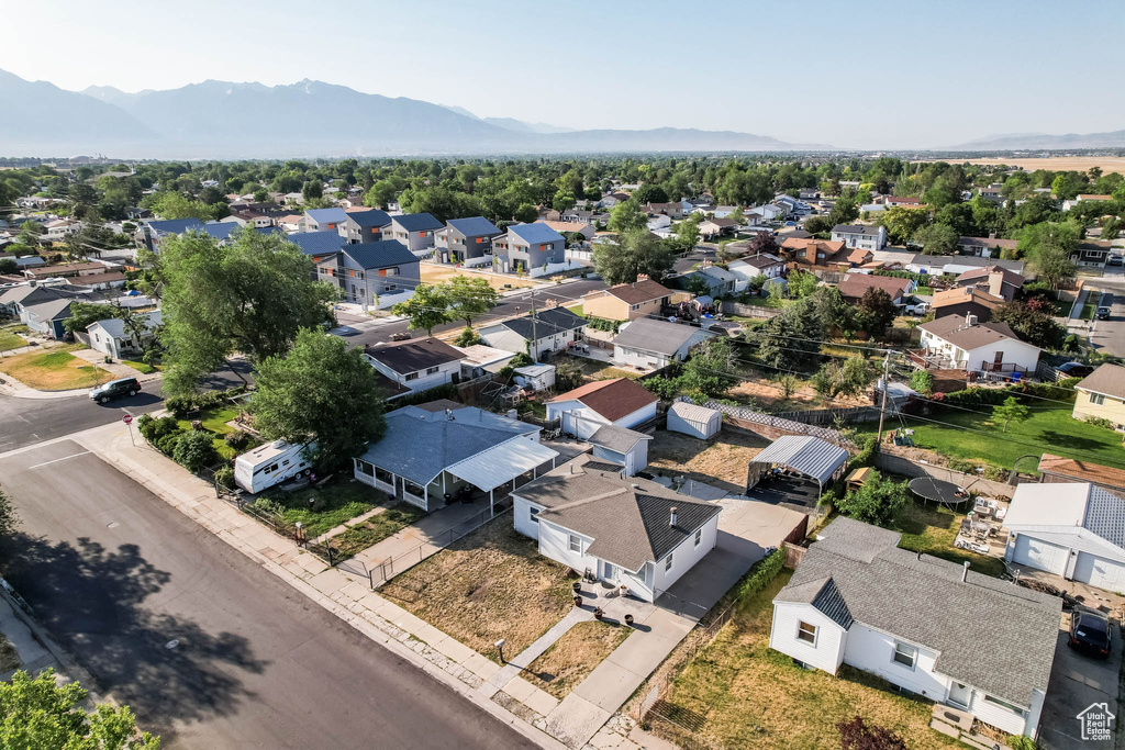 Aerial view of residential area with mountains