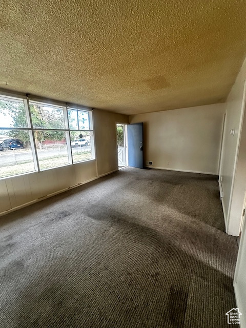 Empty room featuring a textured ceiling and carpet flooring