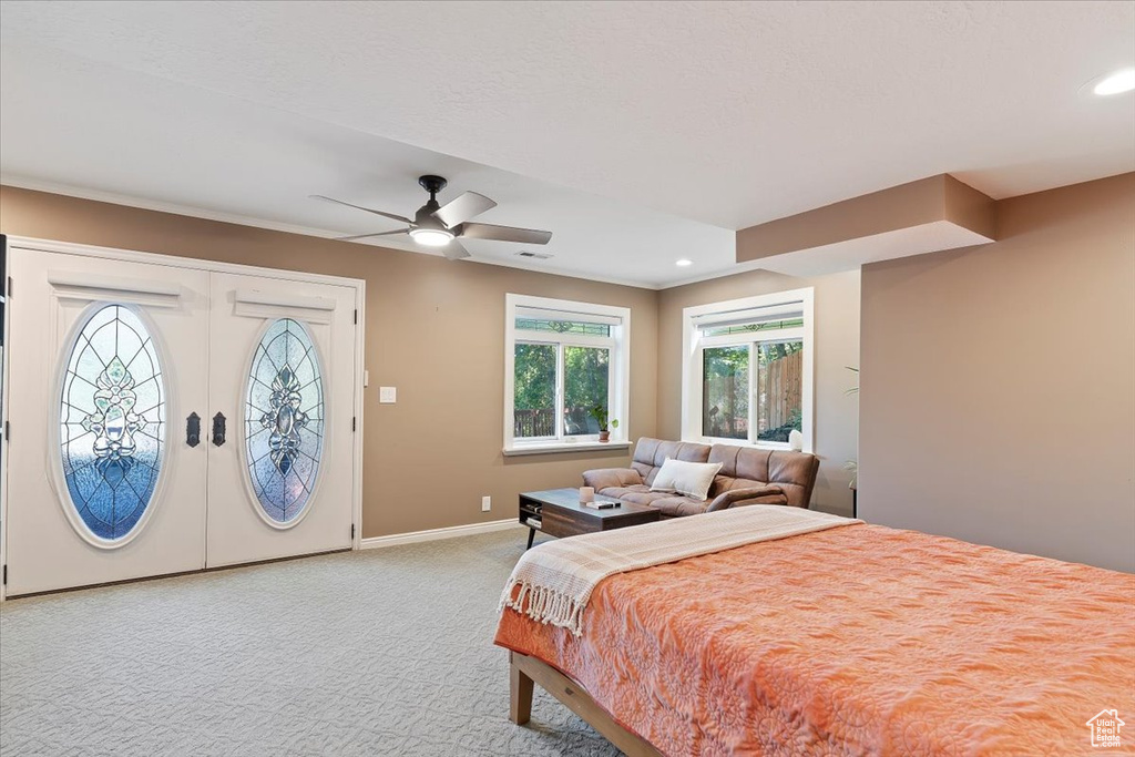 Bedroom with light colored carpet, access to outside, recessed lighting, and ceiling fan