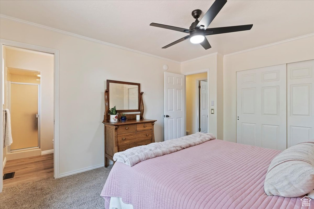 Bedroom with crown molding, a closet, light carpet, and a ceiling fan