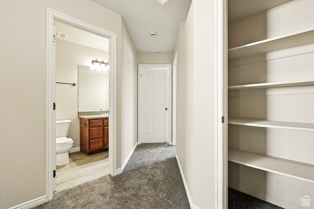 Corridor featuring carpet flooring and baseboards