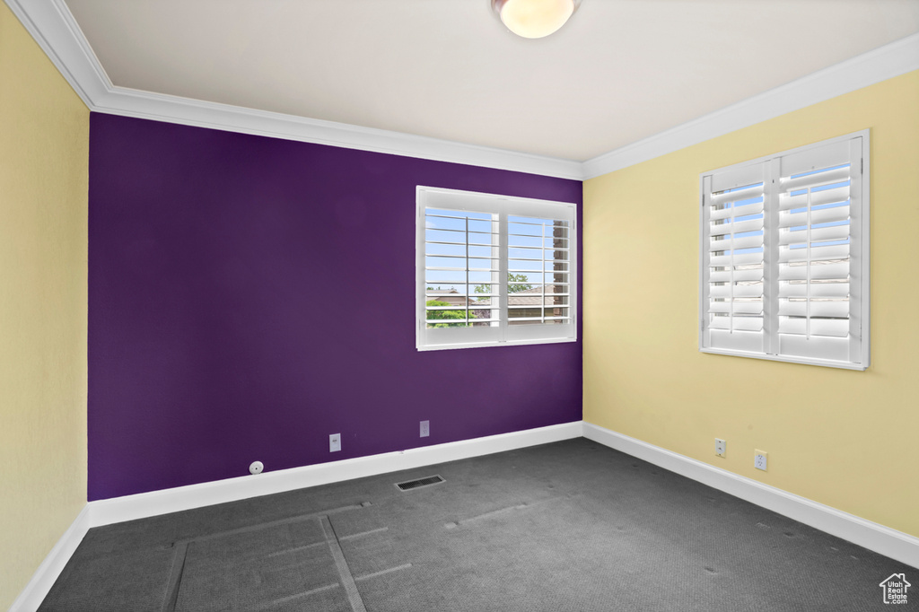 Carpeted empty room featuring crown molding