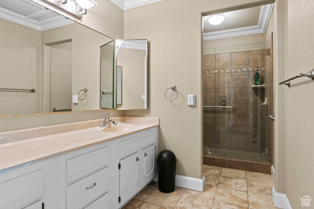 Bathroom featuring crown molding, vanity, and a shower stall