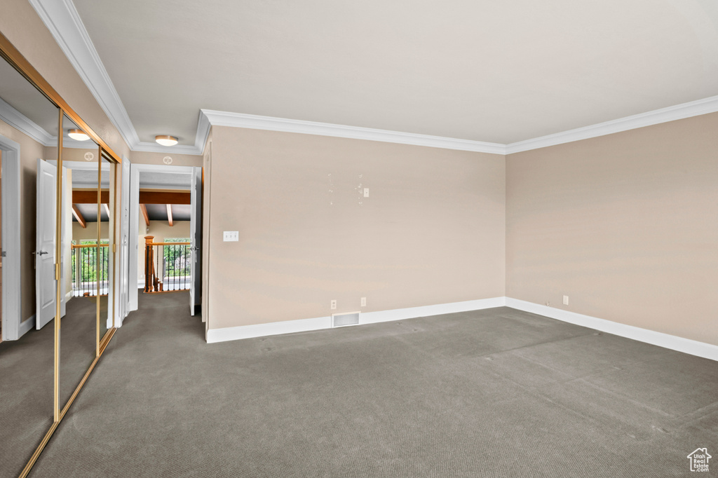 Spare room featuring crown molding and dark colored carpet