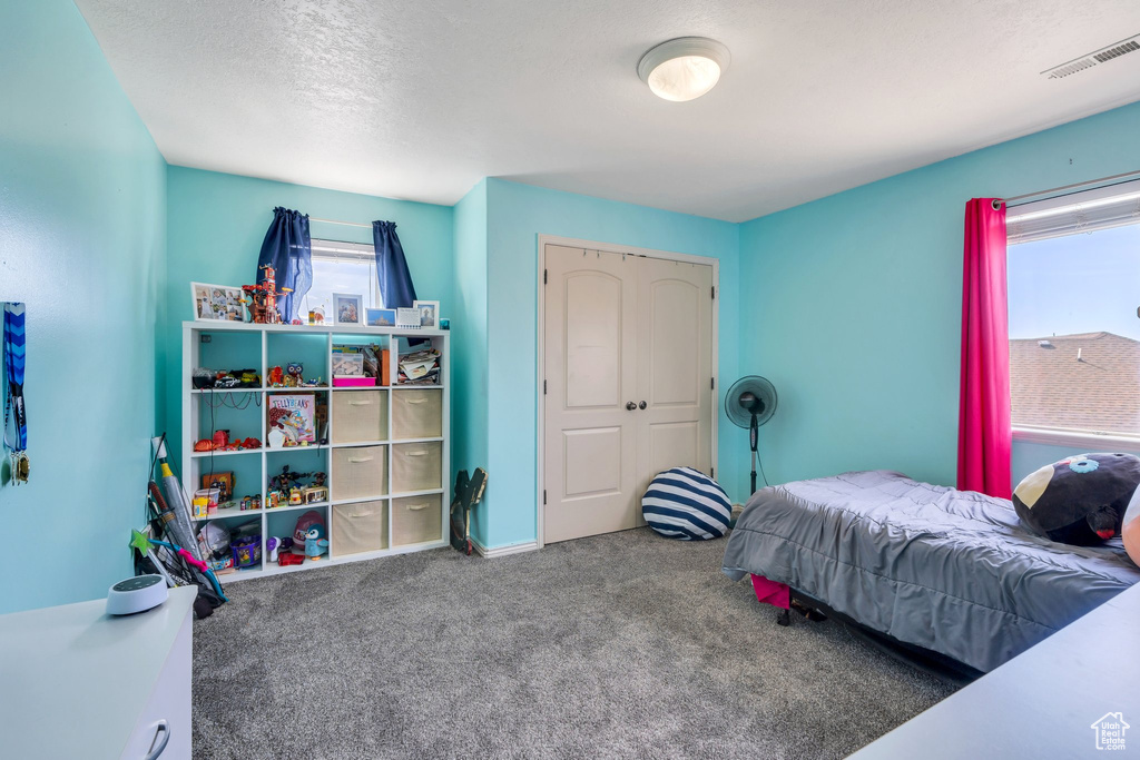Carpeted bedroom featuring multiple windows, a closet, and a textured ceiling
