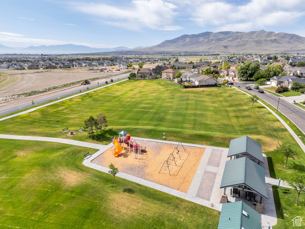 Aerial view of residential area with a mountain backdrop