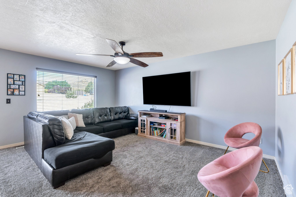 Carpeted living room with a ceiling fan and a textured ceiling