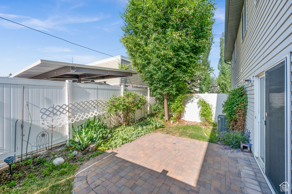 Fenced backyard with a patio area