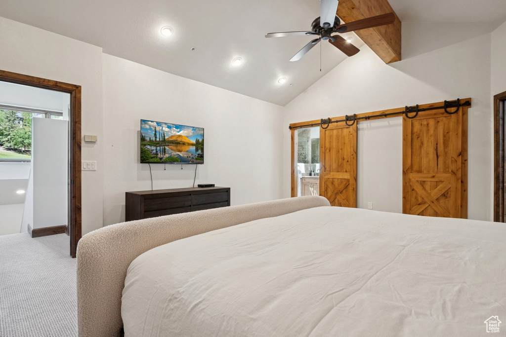 Carpeted bedroom with recessed lighting, high vaulted ceiling, and ceiling fan
