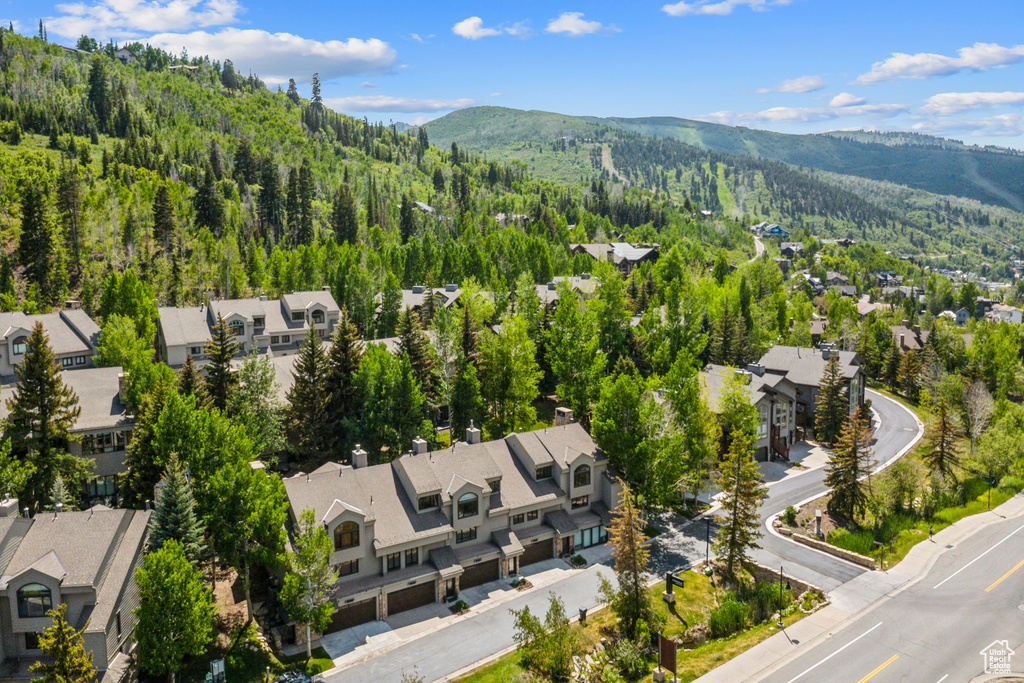 Aerial view of residential area with a mountain backdrop