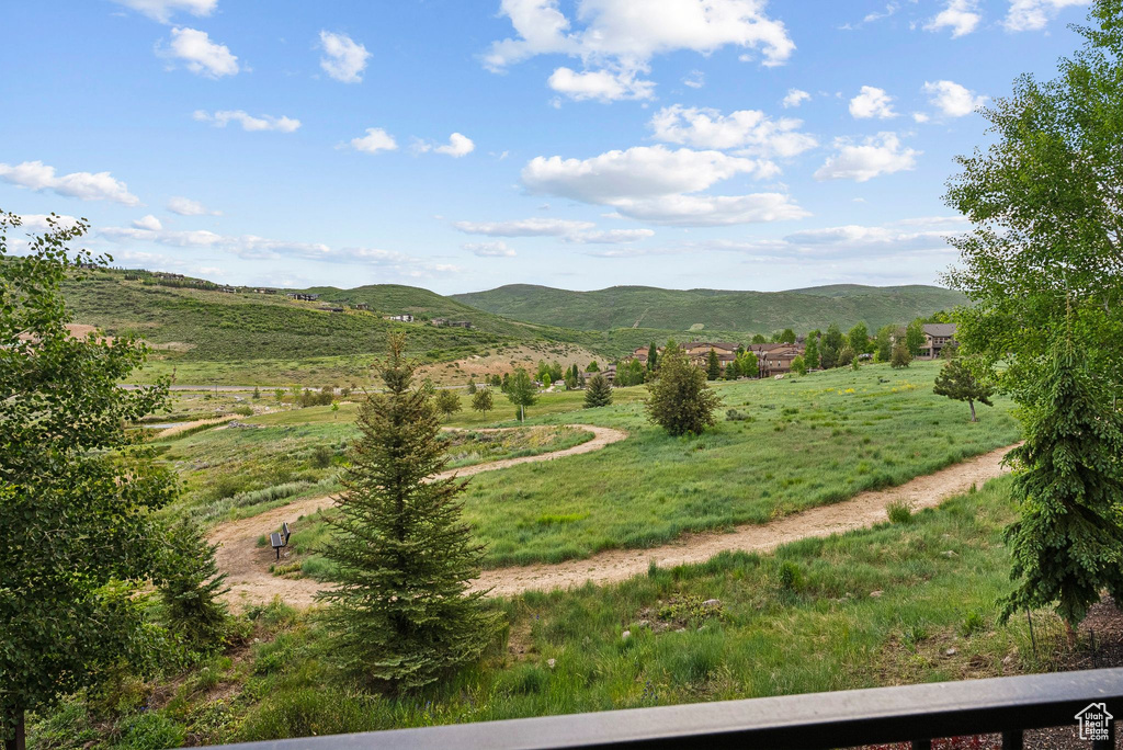 View of mountain backdrop with rural landscape