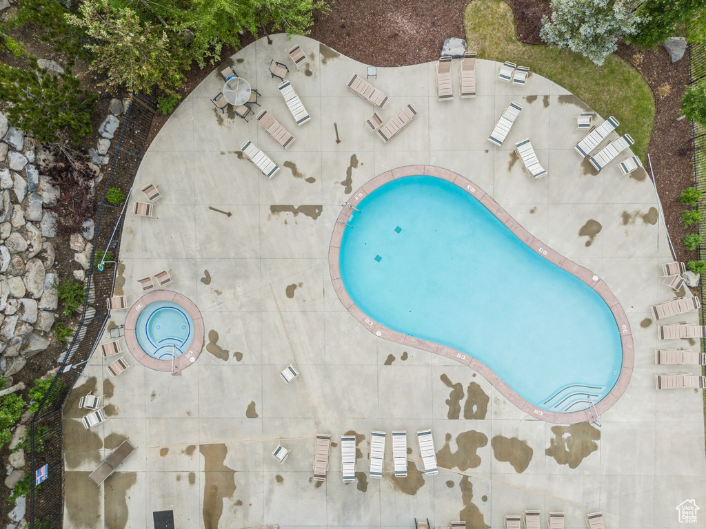 Drone / aerial view of a pool