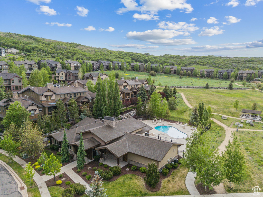 Aerial view of residential area with a pool area