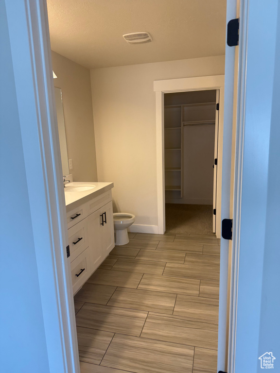 Bathroom with vanity and wood tiled floors
