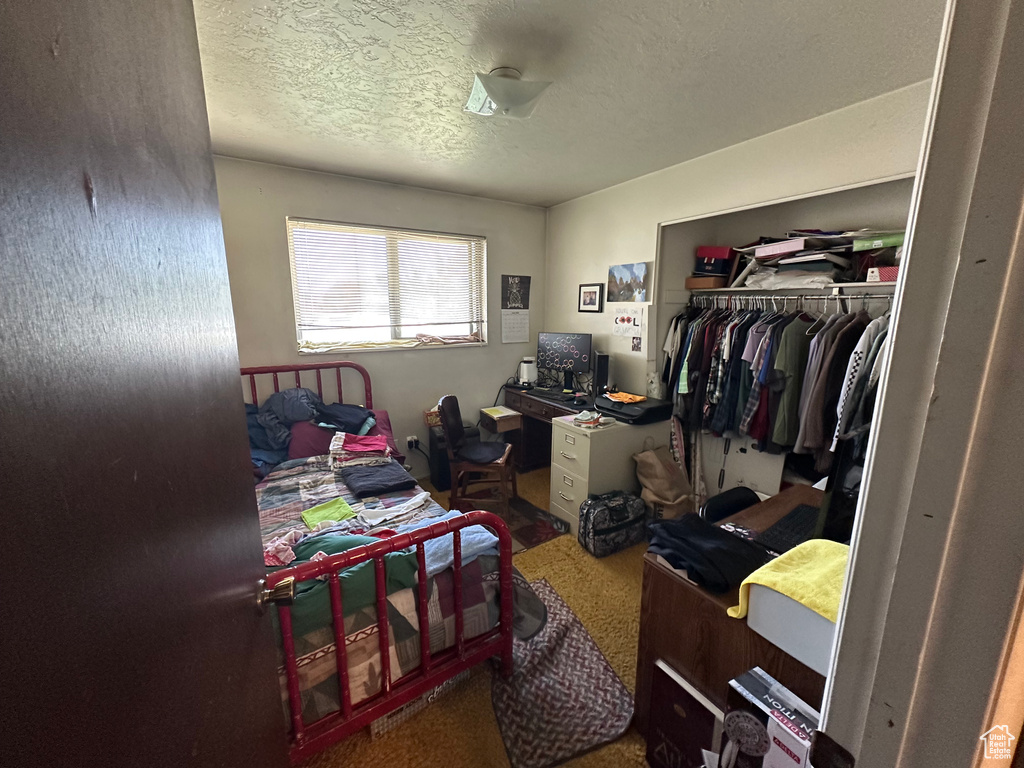Carpeted bedroom with a closet and a textured ceiling