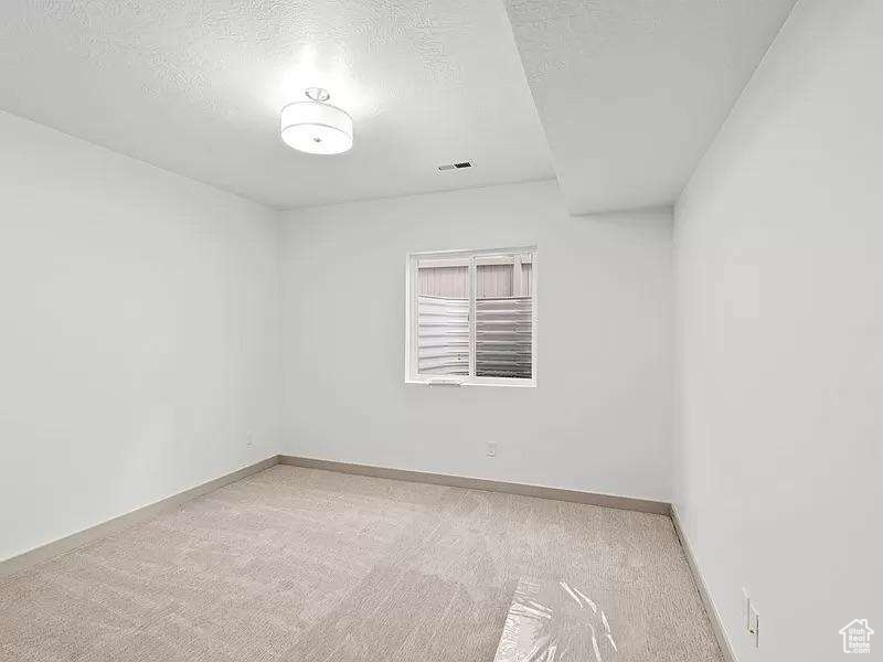Unfurnished room featuring light carpet and a textured ceiling