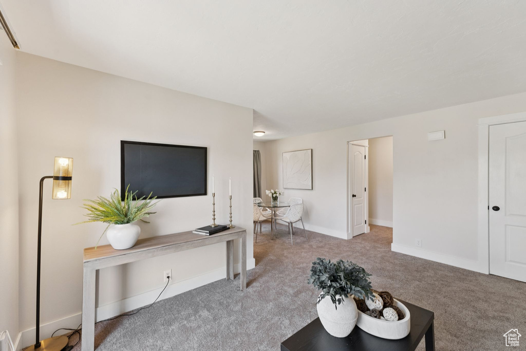 Living area with carpet and baseboards
