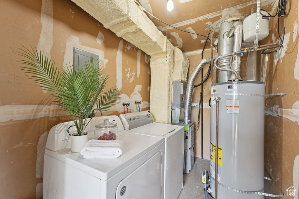 Laundry room featuring water heater and washer and clothes dryer