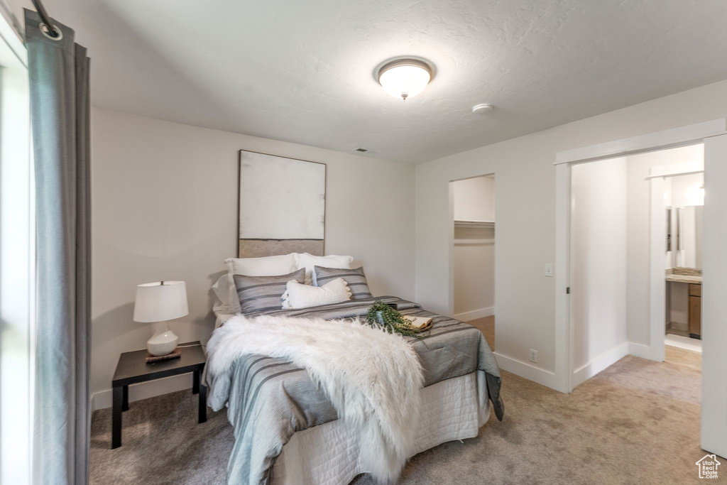 Bedroom with light colored carpet and a spacious closet