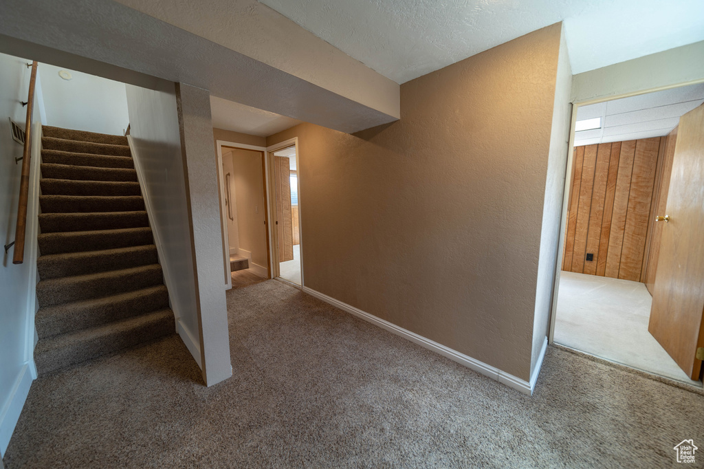 Finished below grade area with carpet flooring, a textured wall, and stairway