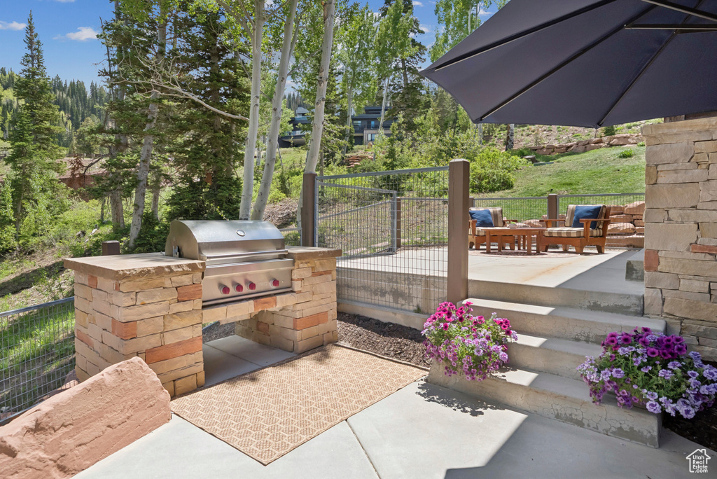 View of patio / terrace with an outdoor kitchen