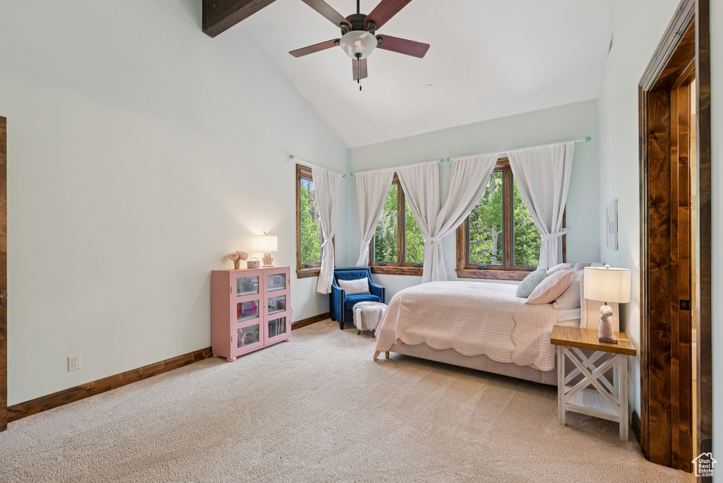 Bedroom featuring high vaulted ceiling, carpet, beamed ceiling, and a ceiling fan