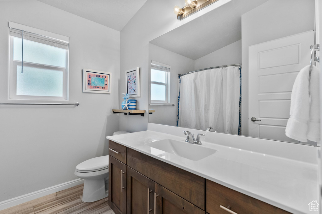 Bathroom with vanity, wood finished floors, vaulted ceiling, and curtained shower