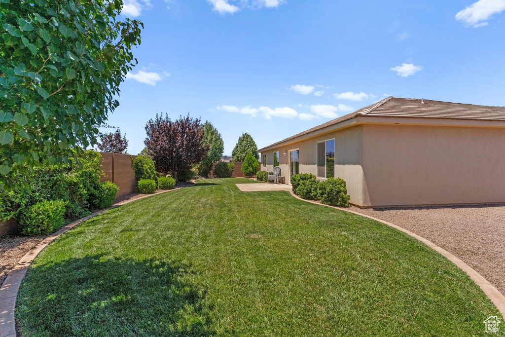 Fenced backyard with a patio