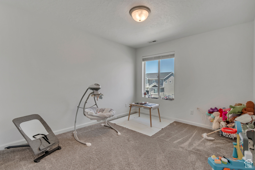 Playroom featuring carpet and a textured ceiling