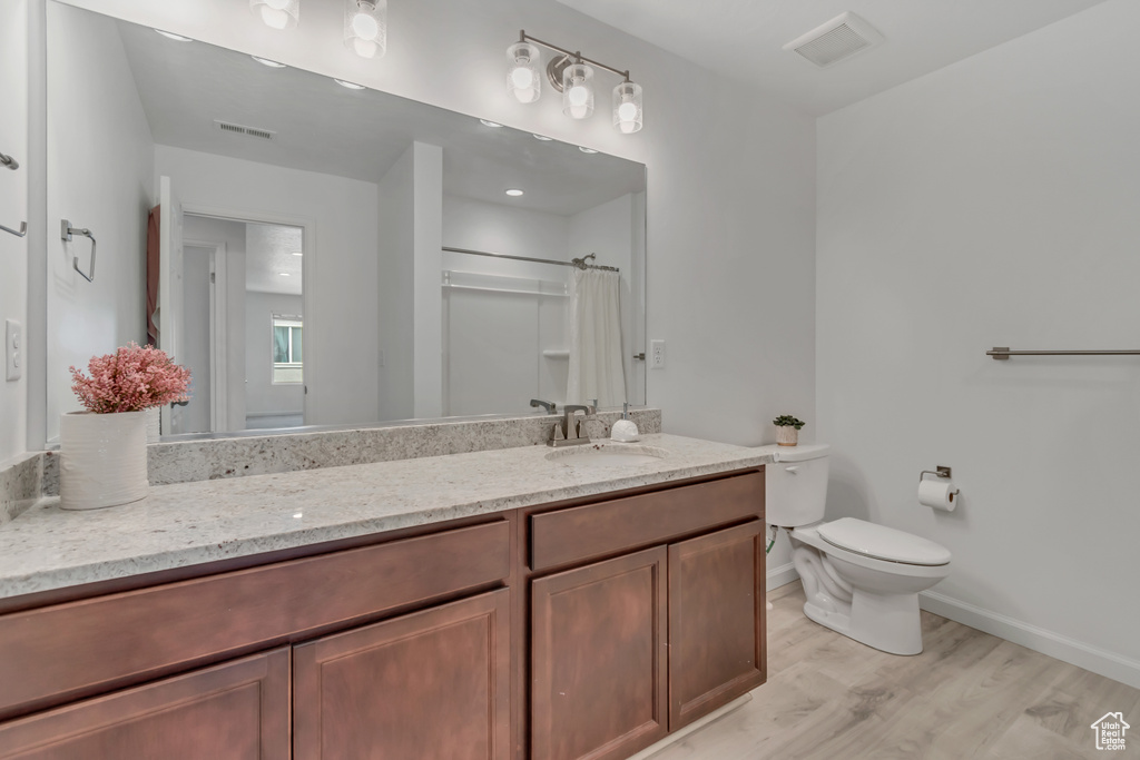 Full bathroom with vanity, wood finished floors, and curtained shower
