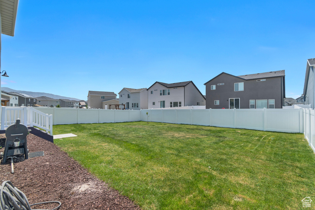Fenced backyard with a residential view