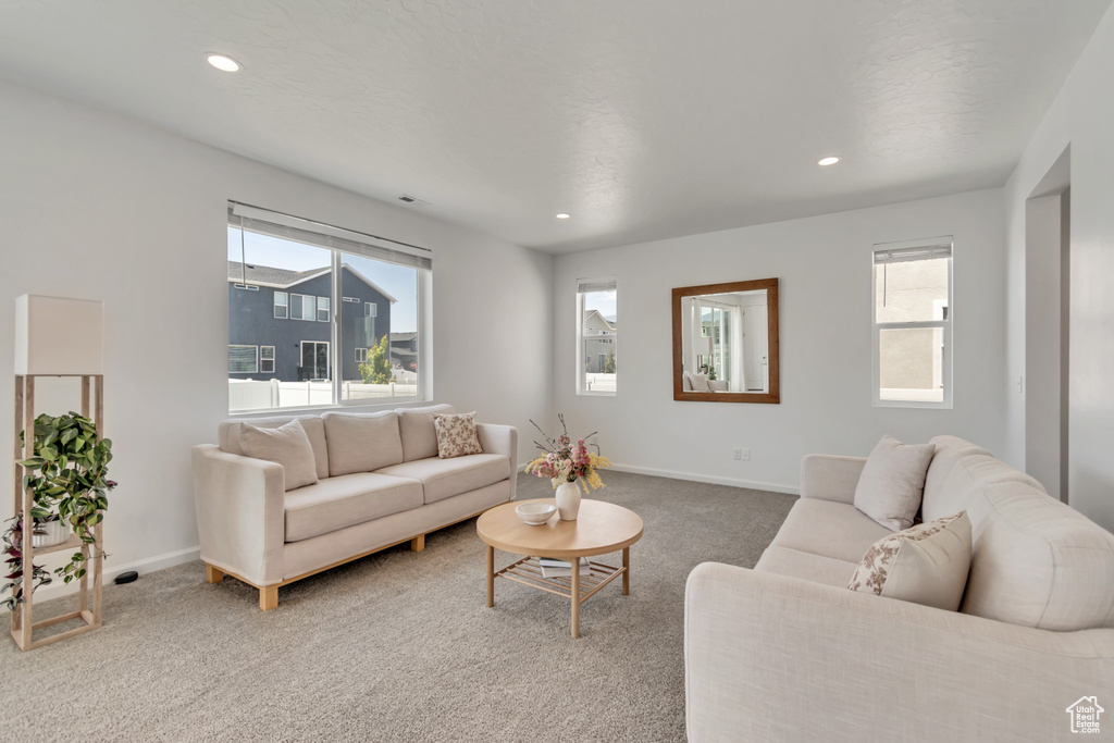 Carpeted living room featuring baseboards and recessed lighting
