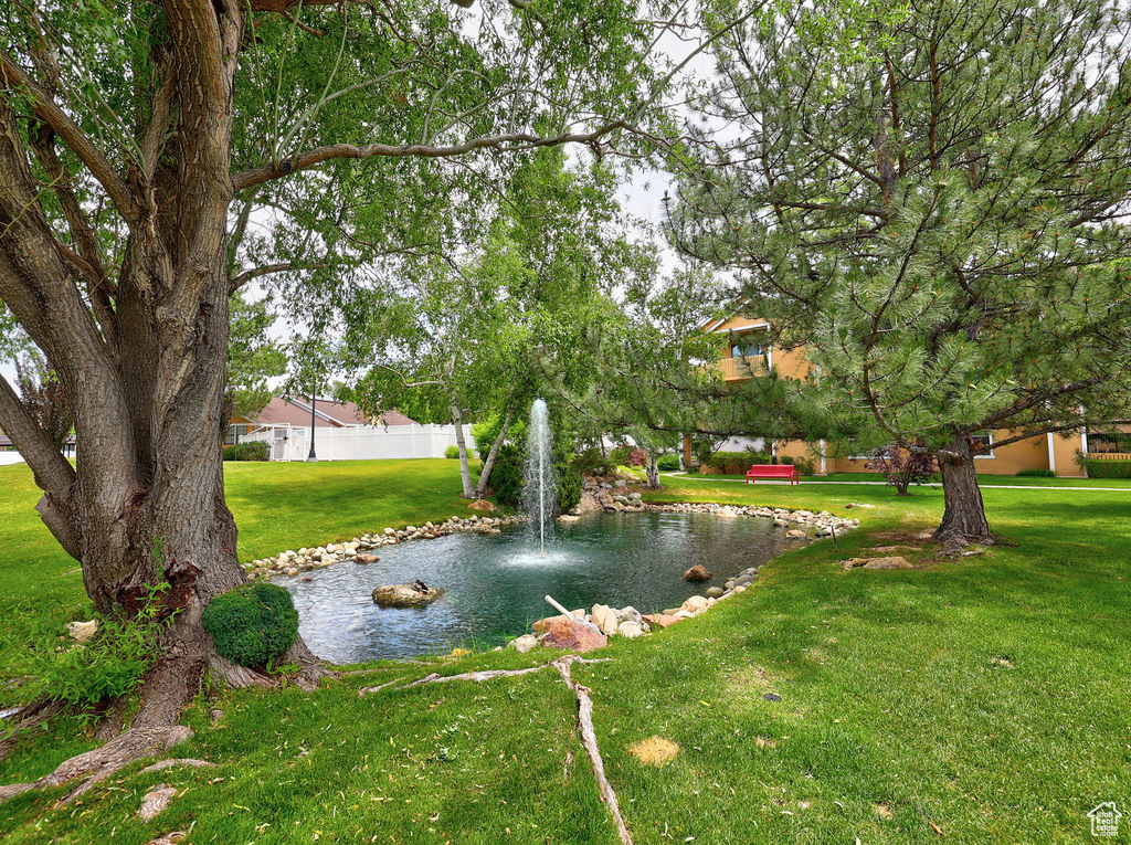 View of yard with a garden pond