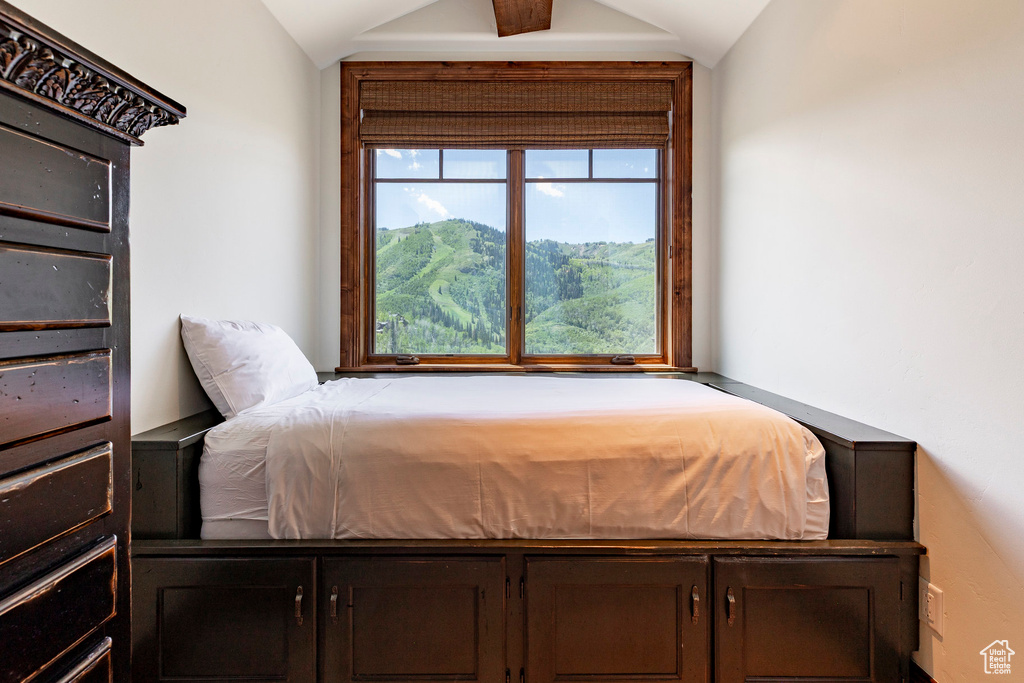 Bedroom with lofted ceiling