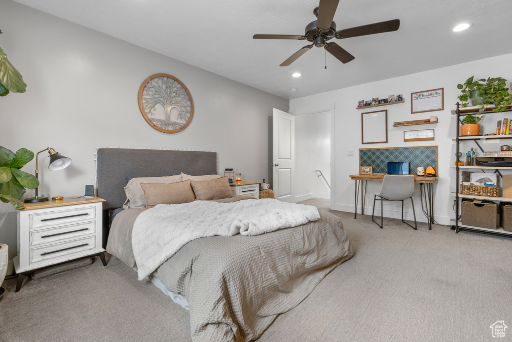 Bedroom featuring carpet, a desk, recessed lighting, and ceiling fan