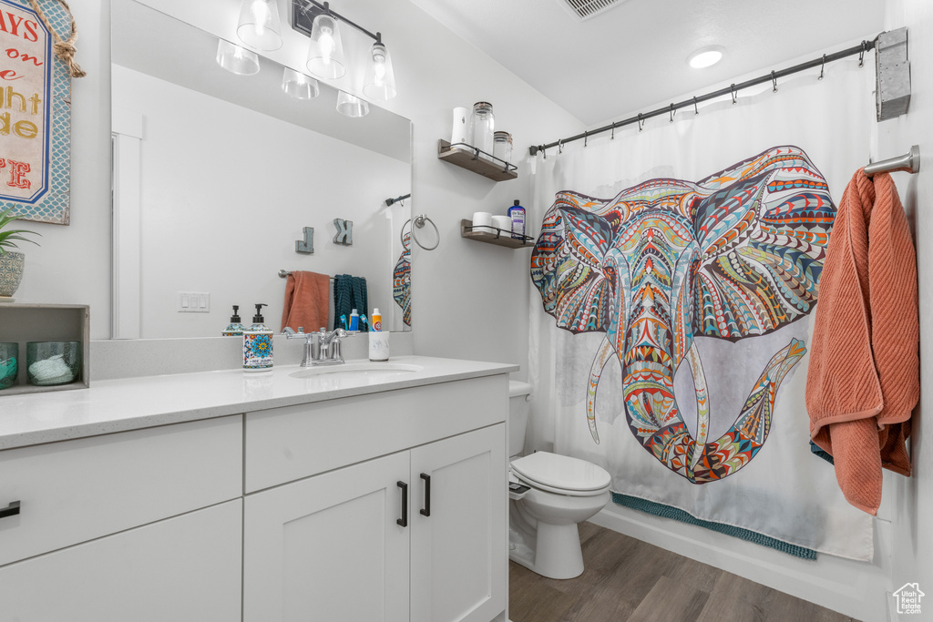 Full bathroom featuring vanity, wood finished floors, and curtained shower