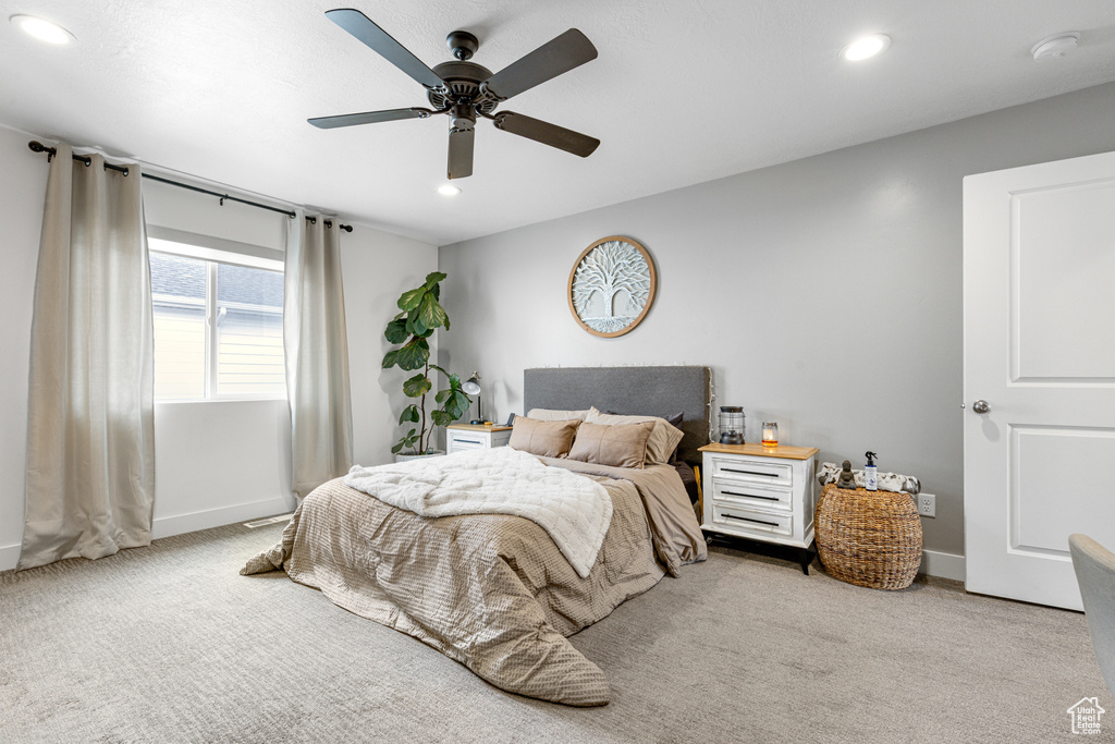 Bedroom featuring carpet floors, recessed lighting, and ceiling fan