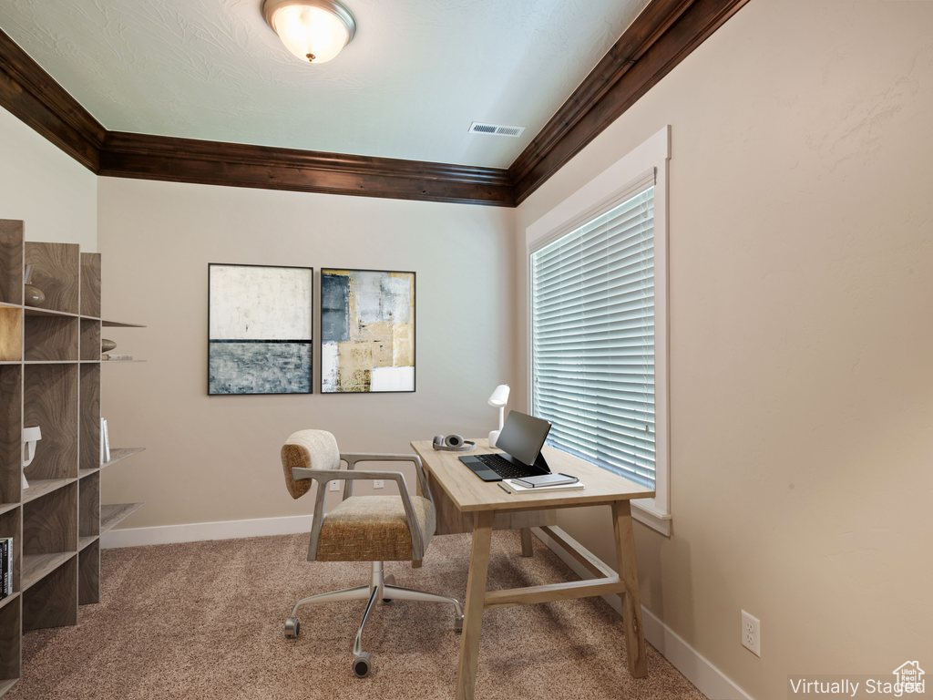 Office with carpet flooring and crown molding