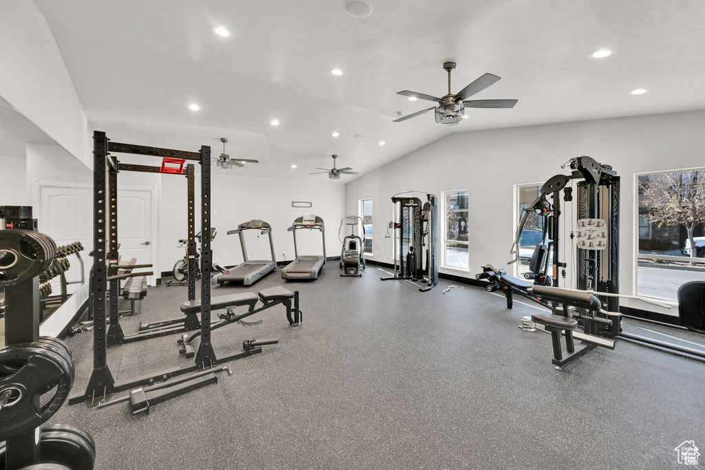 Gym with recessed lighting, ceiling fan, and vaulted ceiling