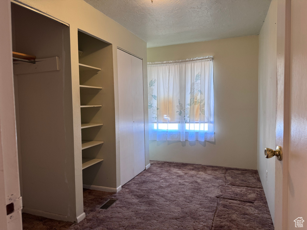 Unfurnished bedroom featuring carpet floors, a textured ceiling, and multiple closets