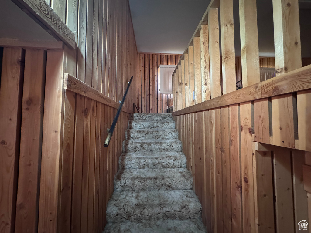 Stairs featuring wooden walls
