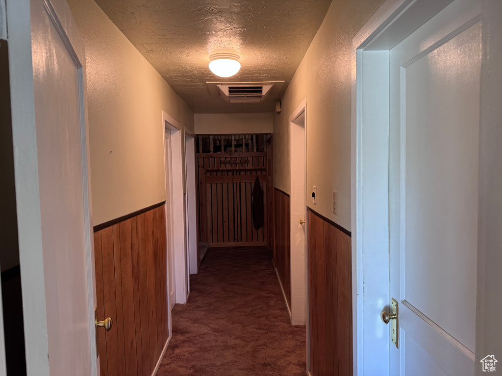 Hallway featuring carpet, a textured ceiling, a wainscoted wall, and wood walls