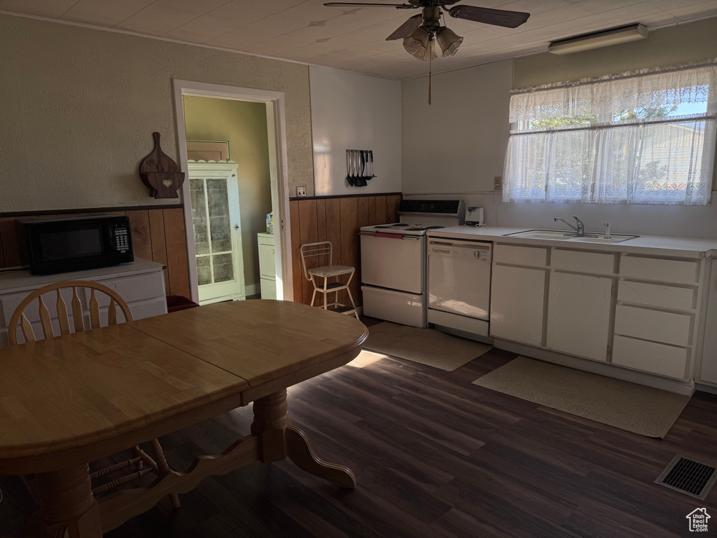 Dining space featuring ceiling fan, wood finished floors, and wainscoting
