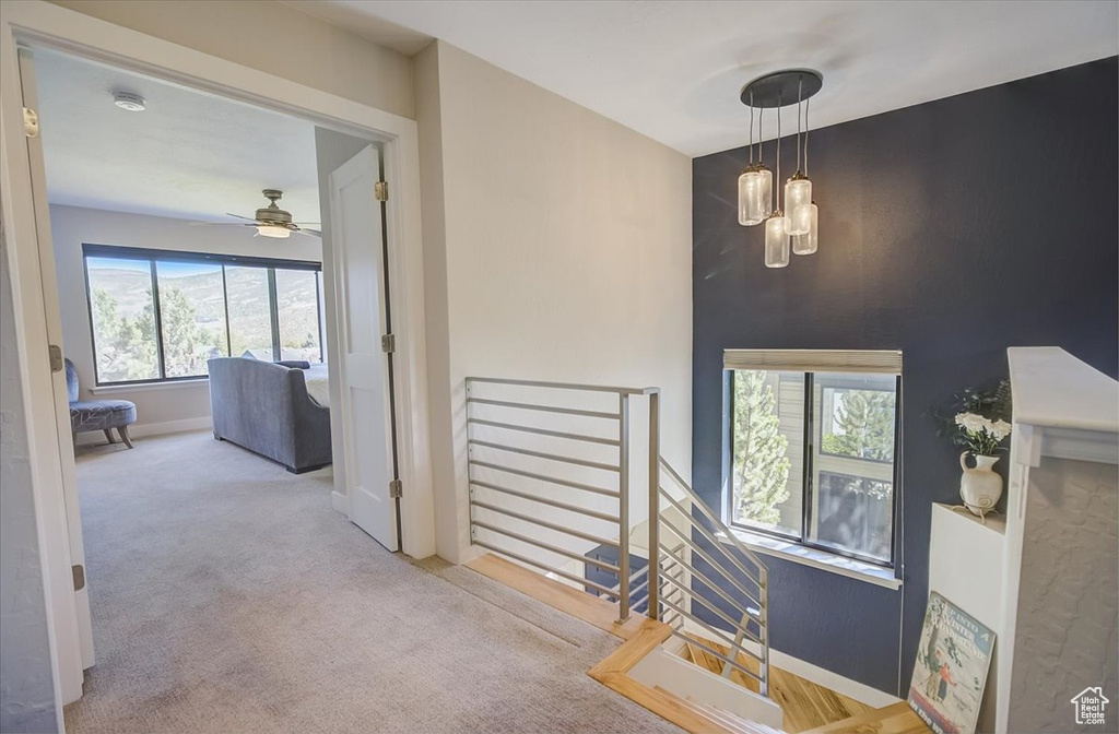 Hallway featuring an upstairs landing and carpet