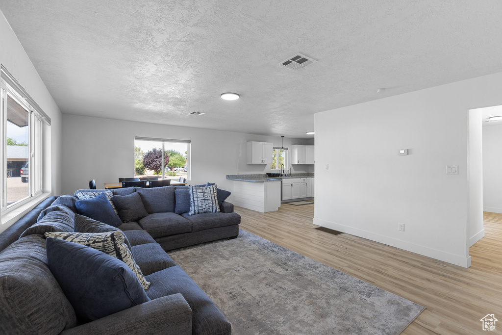 Living room with light wood-style floors and a textured ceiling
