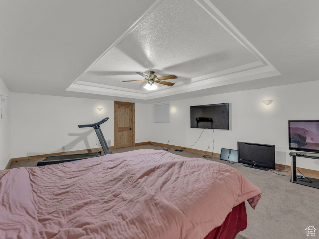 Carpeted bedroom with a tray ceiling, a ceiling fan, and a textured ceiling
