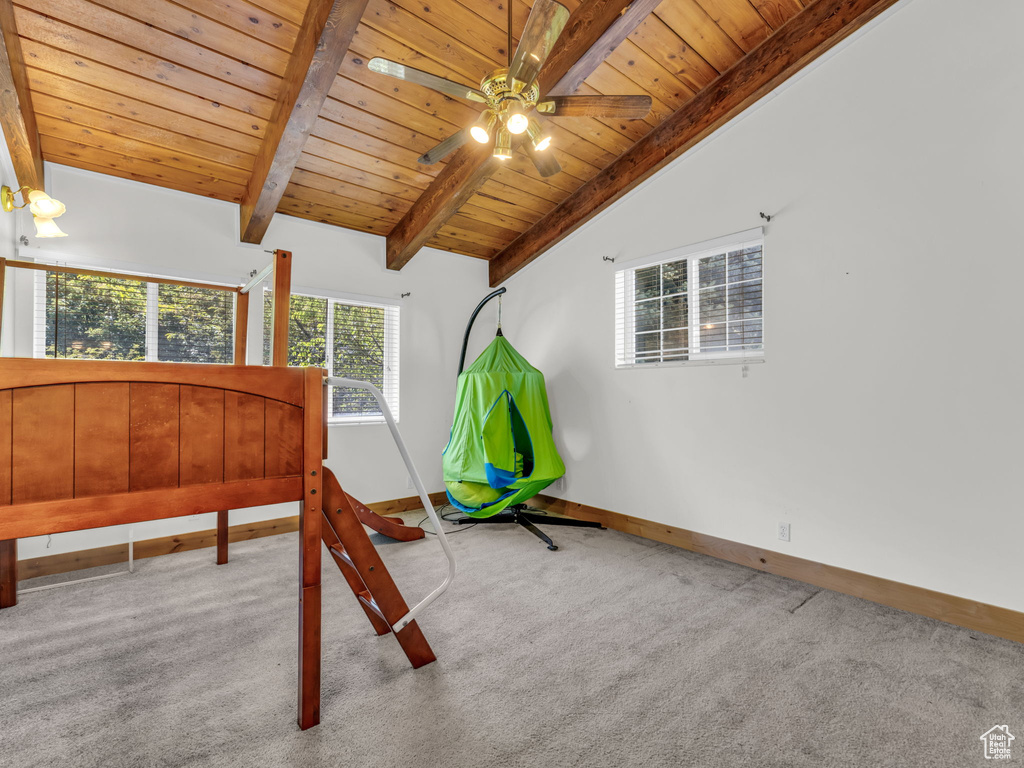 Bedroom with carpet and wood ceiling