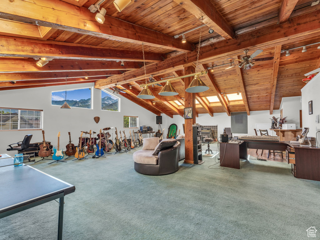 Misc room featuring wooden ceiling, carpet, a ceiling fan, and track lighting