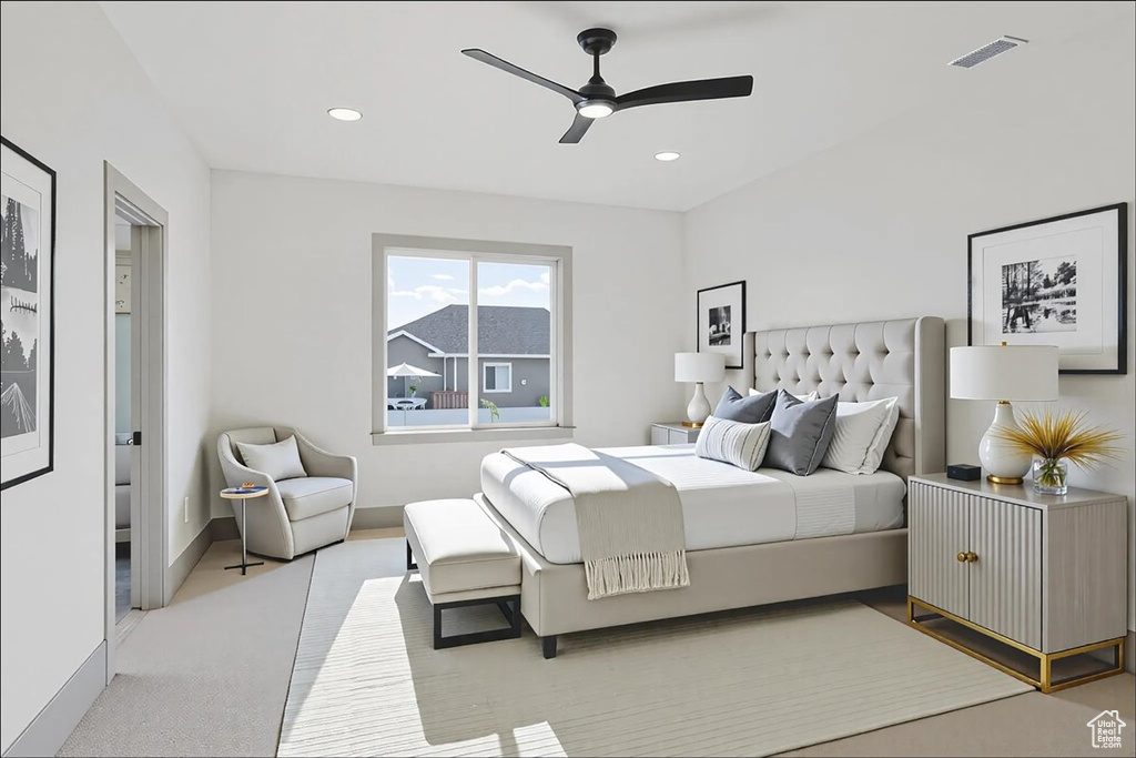Bedroom with carpet floors, recessed lighting, and ceiling fan