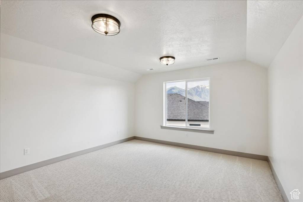 Spare room featuring lofted ceiling, light carpet, and a textured ceiling